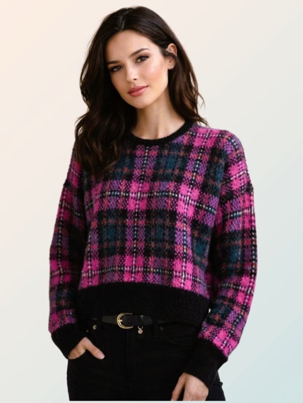 LAUREN RALPH LAUREN Black Pink Tartan Plaid Brushed Knit Wool Blend Sweater Sz M